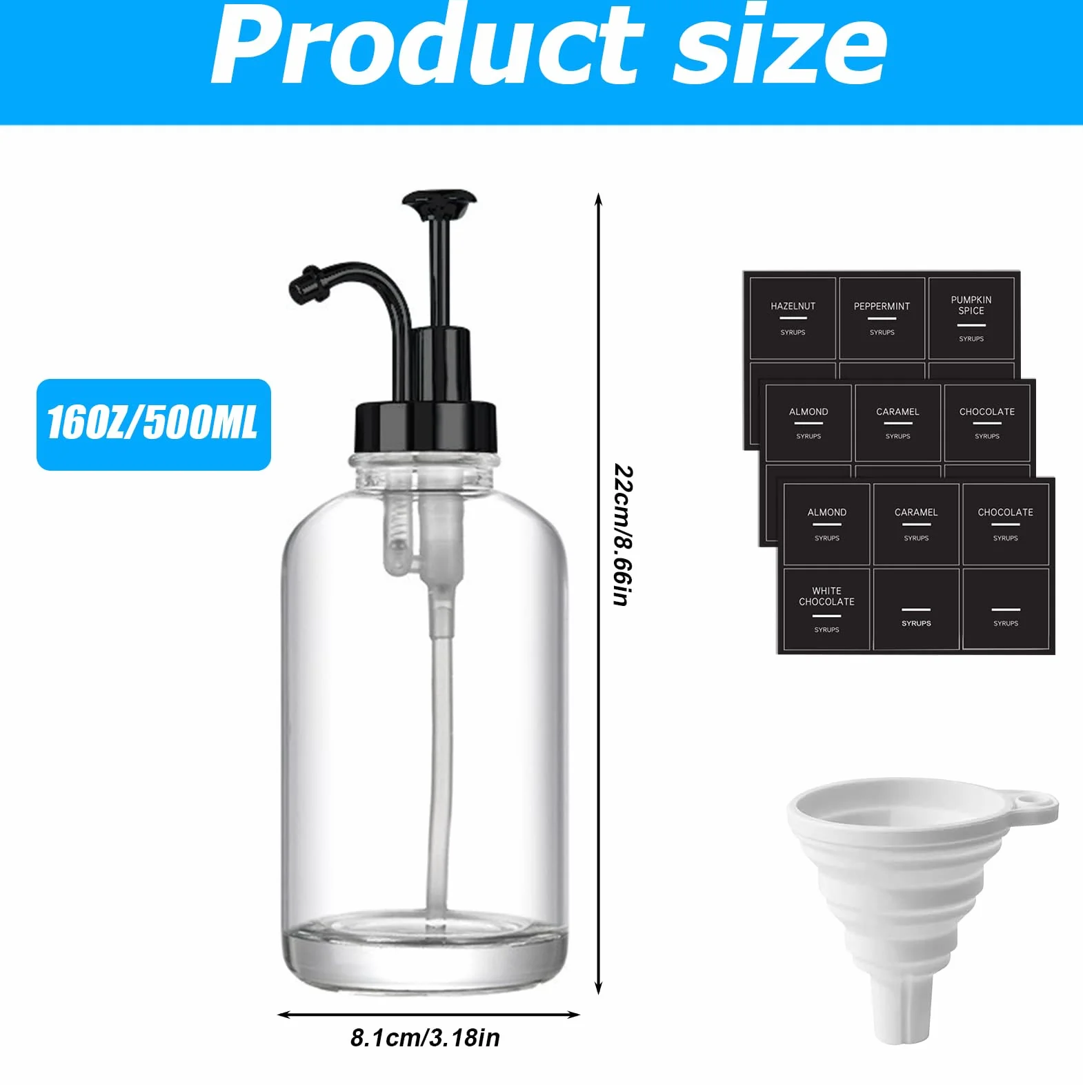 Juego de 2 dispensadores de jarabe de café, dispensador de bombas de café de 500 ml con 18 pegatinas